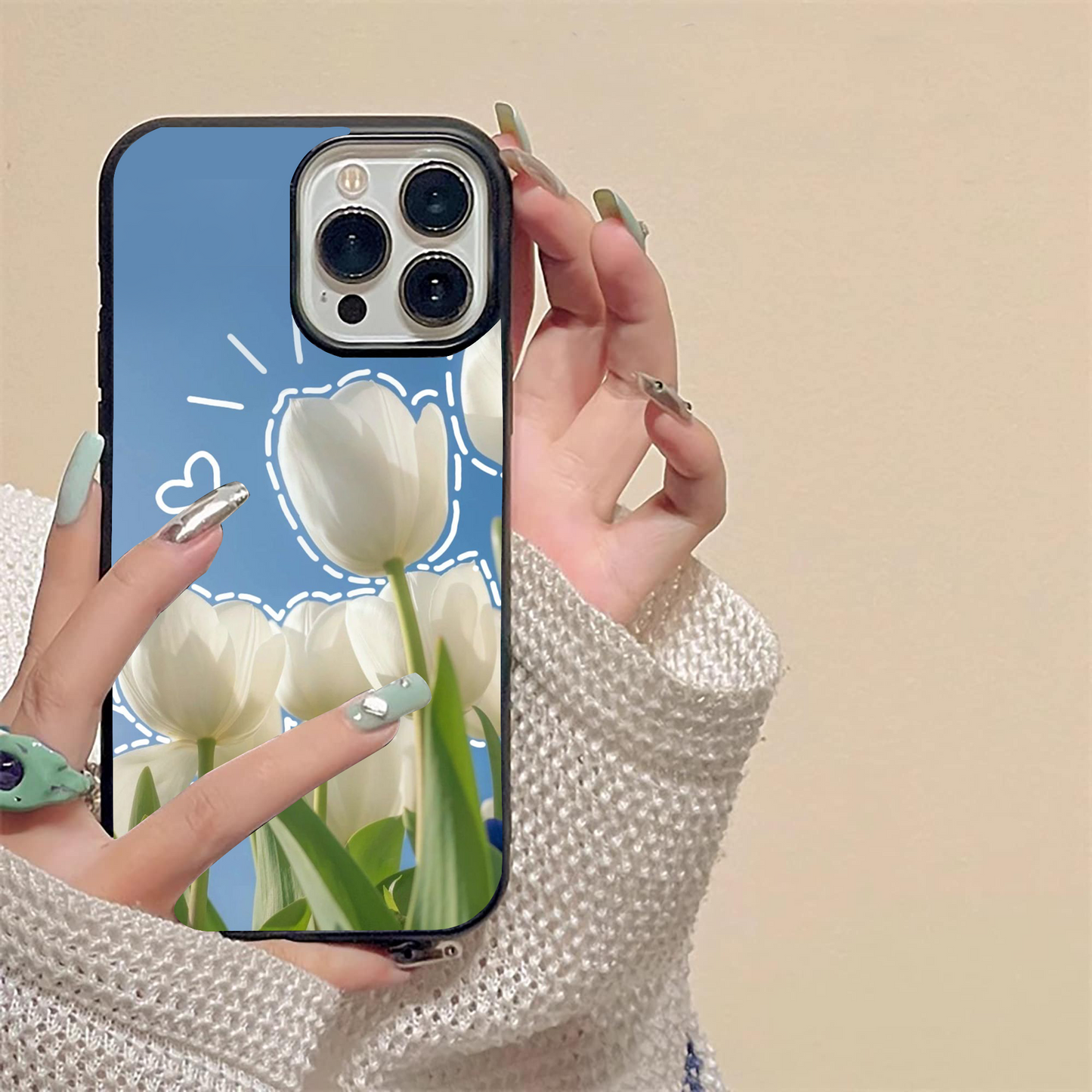 White Tulip Flower Pattern Glass Case