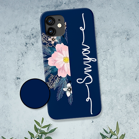 Pink with Blue Flower Custom Name Slim Case Cover With Same Design Holder