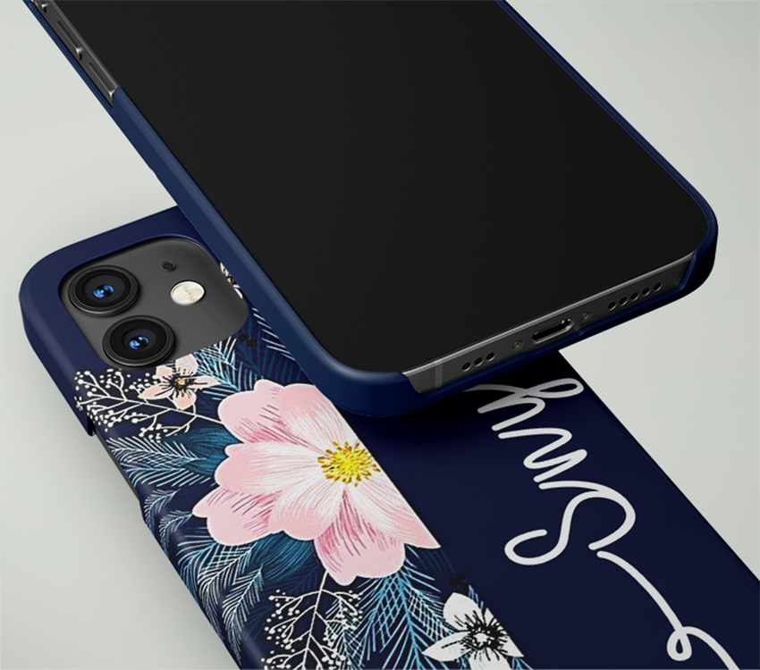 Pink with Blue Flower Custom Name Slim Case Cover With Same Design Holder