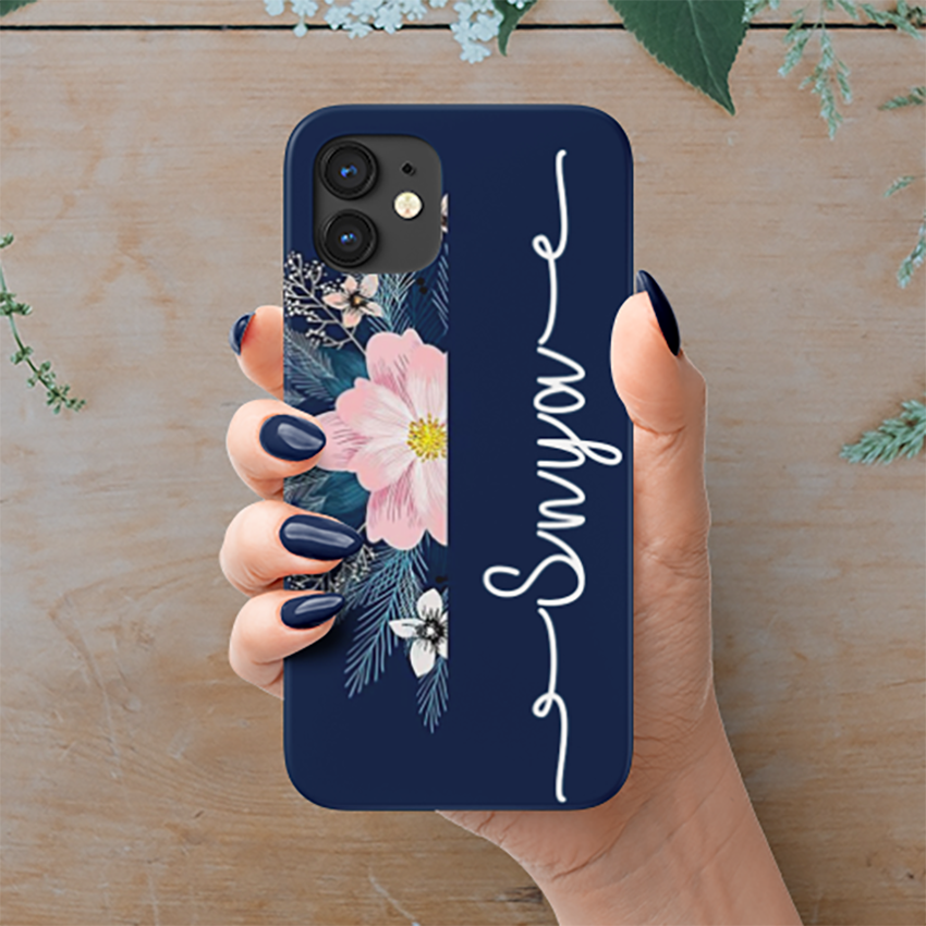 Pink with Blue Flower Custom Name Slim Case Cover With Same Design Holder