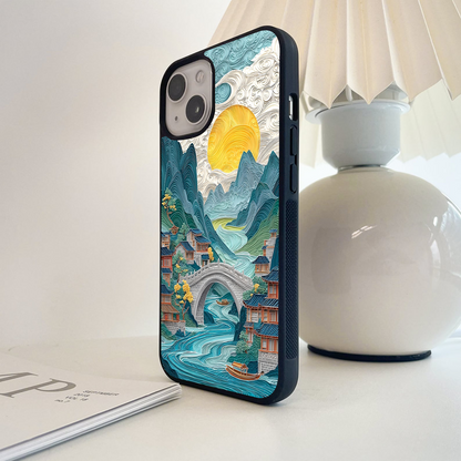 River, Bridge, and Mountains Glass Case