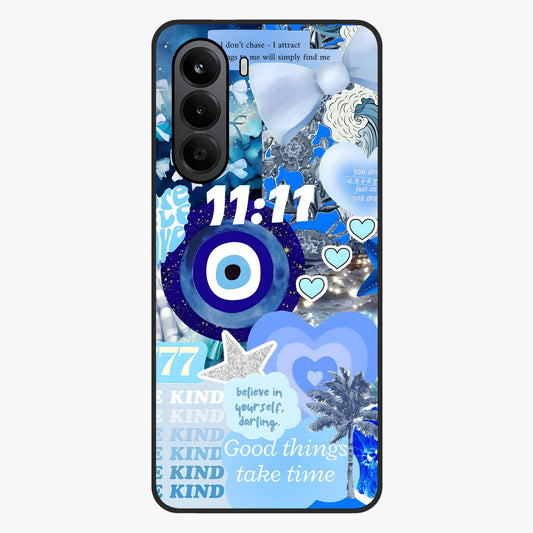 Aesthetic Be Kind Eye Glass Case showing flat back view with motivational eye artwork and glossy glass finish.
