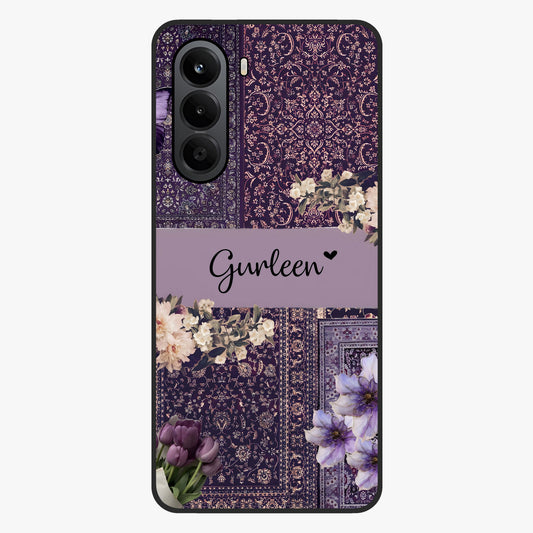 Antique Floral Whisper Custom Name Glass Case showing flat back view with vintage floral artwork and personalized name design.