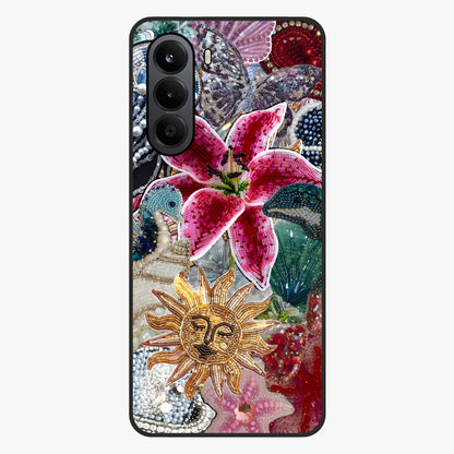 Beaded Garden Fantasy Glass Case showing flat back view with dreamy garden bead artwork and glossy glass finish.