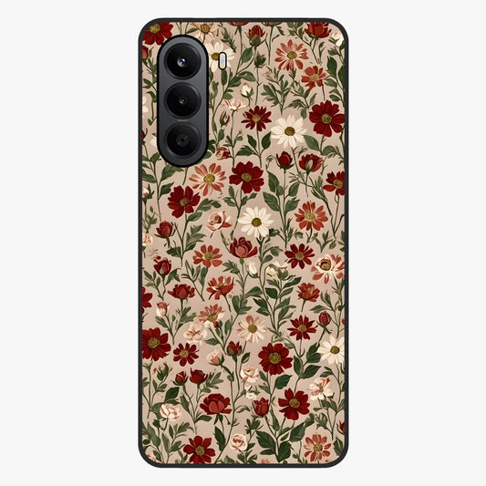 Biege Flower With Leaf Glass Case showing flat back view with soft beige floral artwork and glossy glass finish.