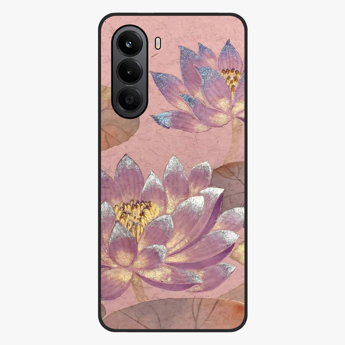 Blossom Mist Lotus Glass Case showing flat back view with serene lotus blossom artwork and glossy glass finish.