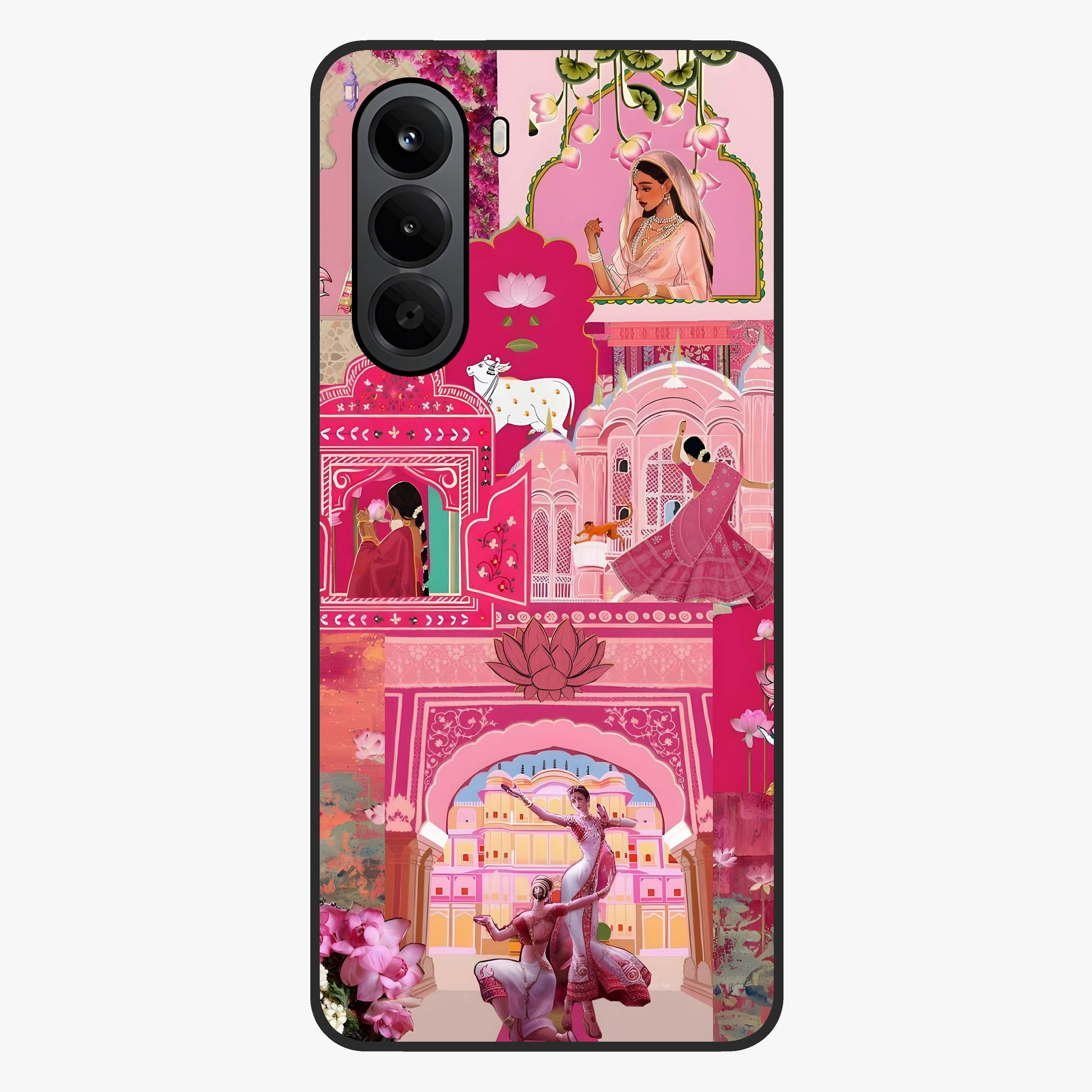 Blossoms of Rajasthan Glass Case showing flat back view with traditional floral artwork inspired by Rajasthan and glossy glass finish.