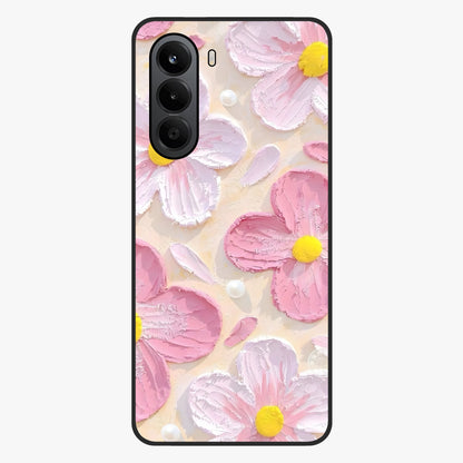 Blush Bloom Texture Glass Case showing flat back view with soft blush floral texture artwork and glossy glass finish.