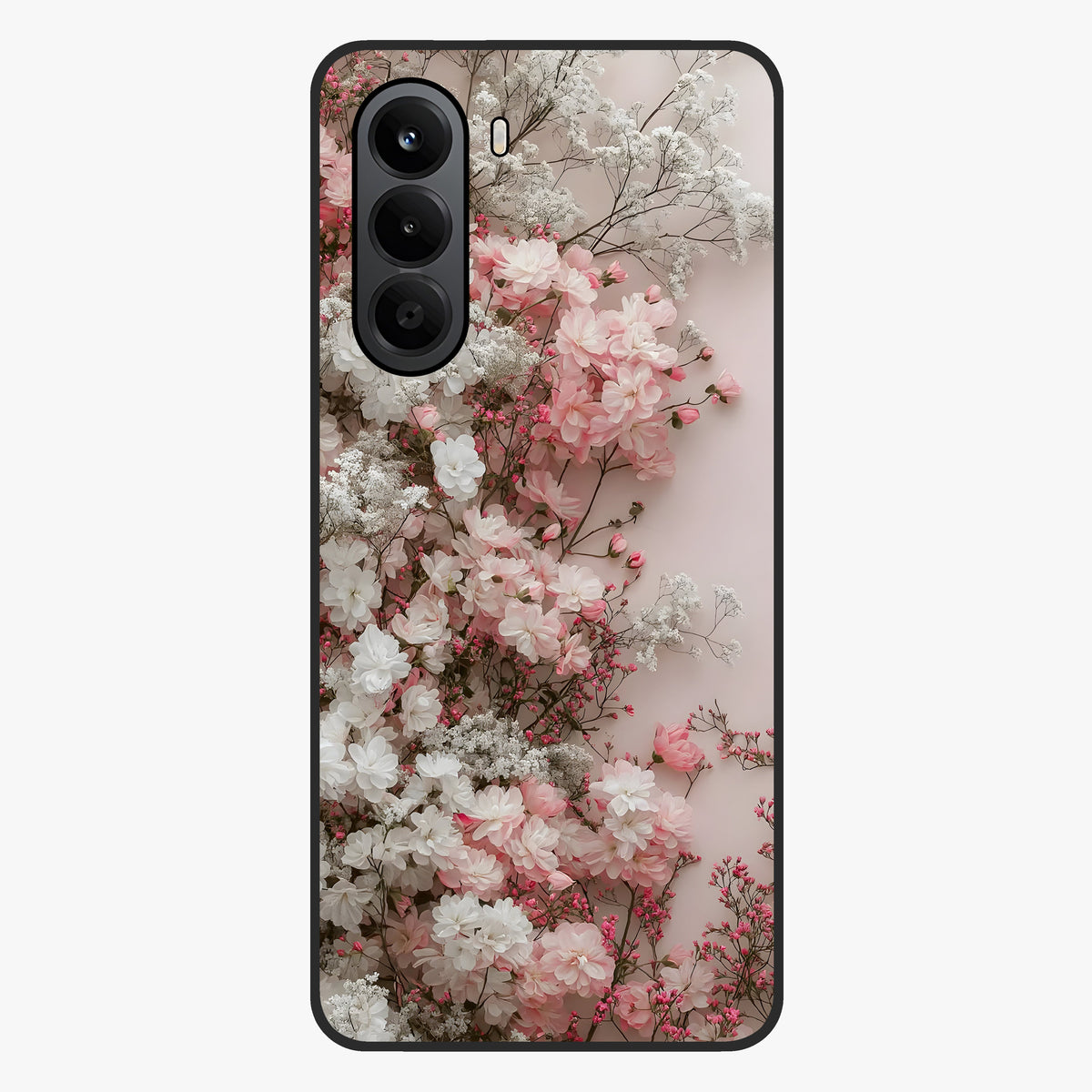 Blush Blossom Cloud Glass Case showing flat back view with dreamy blush cloud blossom artwork and glossy glass finish.