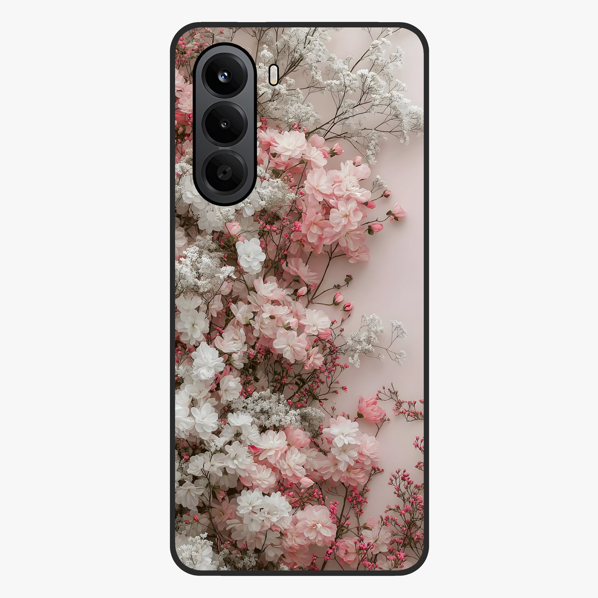 Blush Blossom Cloud Glass Case showing flat back view with dreamy blush cloud blossom artwork and glossy glass finish.
