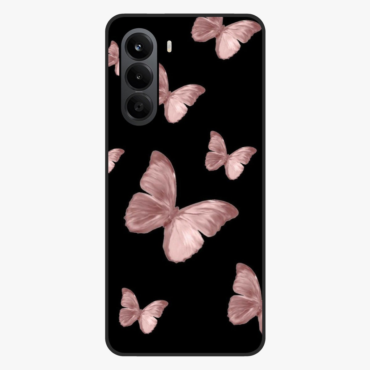 Butterfly Pattern Glass Case showing flat back view with elegant butterfly pattern artwork and glossy glass finish.