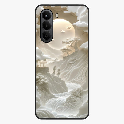 Celestial Origami Glass Case showing flat back view with artistic origami inspired celestial artwork and glossy glass finish.
