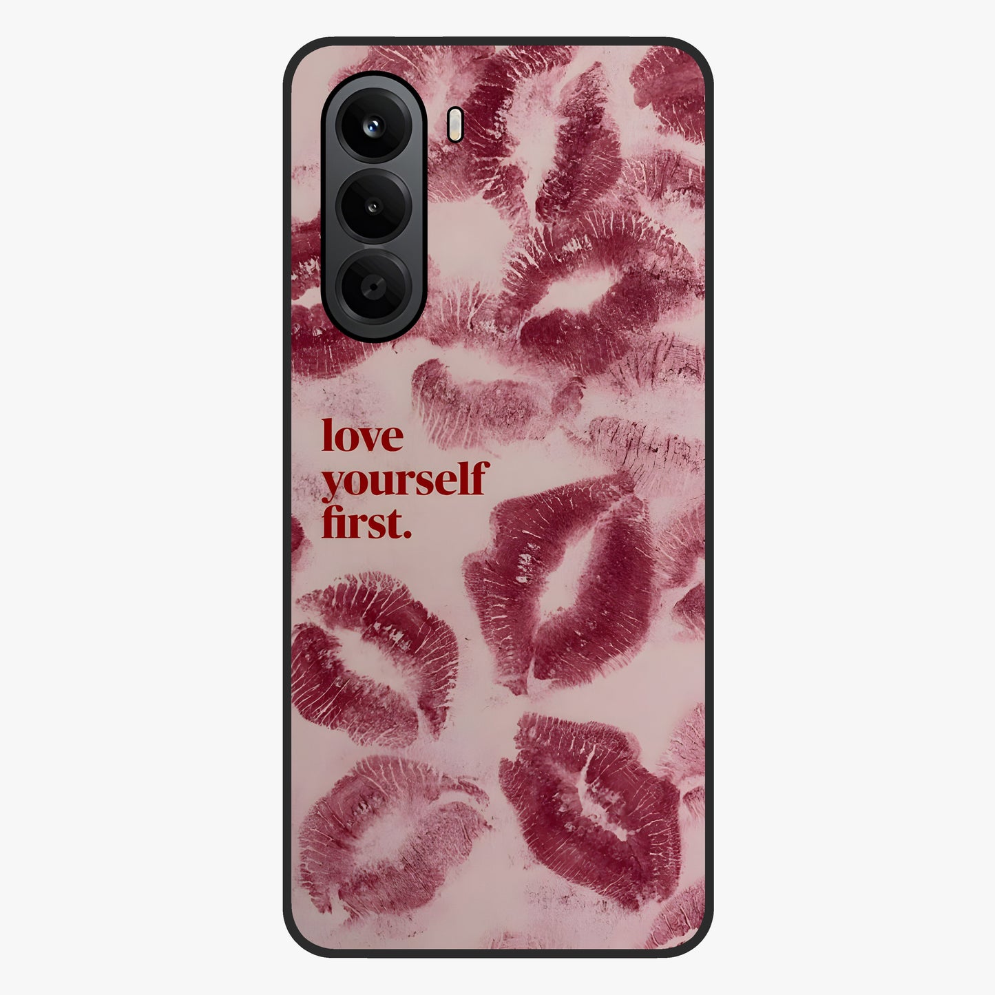 Crimson Kiss Love Glass Case showing flat back view with romantic crimson themed artwork and glossy glass finish.