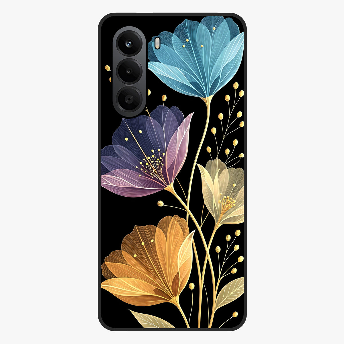 Delicate Multicolor Flowers Glass Case showing flat back view with vibrant floral artwork and glossy glass finish.
