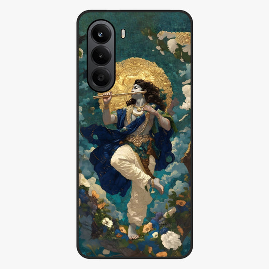 Divine Krishna Art Glass Case showing flat back view with Lord Krishna artwork and glossy glass finish.