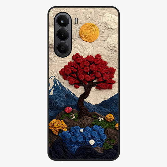 Eternal Nature Tapestry Glass Case showing flat back view with intricate nature tapestry artwork and glossy glass finish.