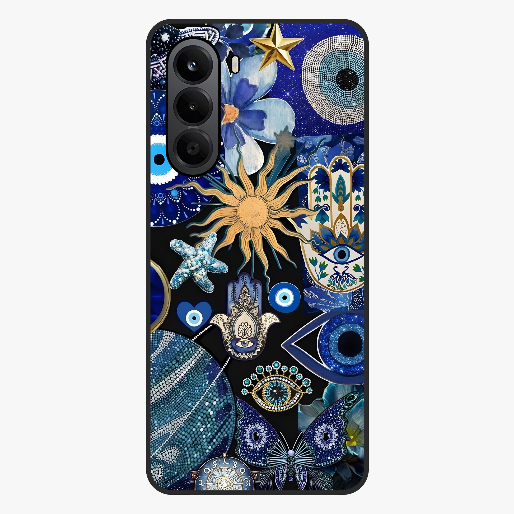Evil Eye Charm Mix Glass Case showing flat back view with multiple evil eye charms artwork and glossy glass finish.