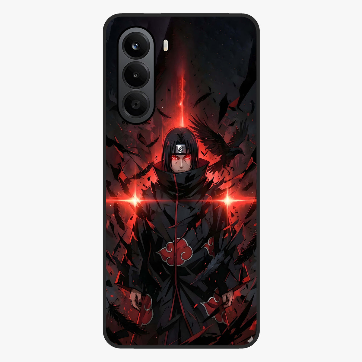 Focused Blade Discipline Glass Case showing flat back view with warrior sword themed artwork and glossy glass finish.