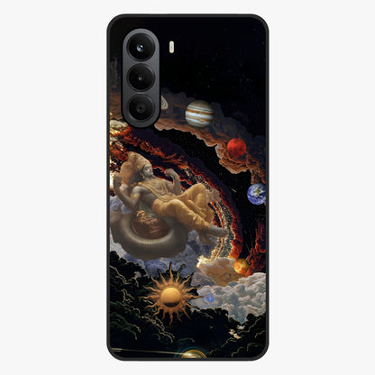 Galactic Divine God Glass Case showing flat back view with divine cosmic themed artwork and glossy glass finish.