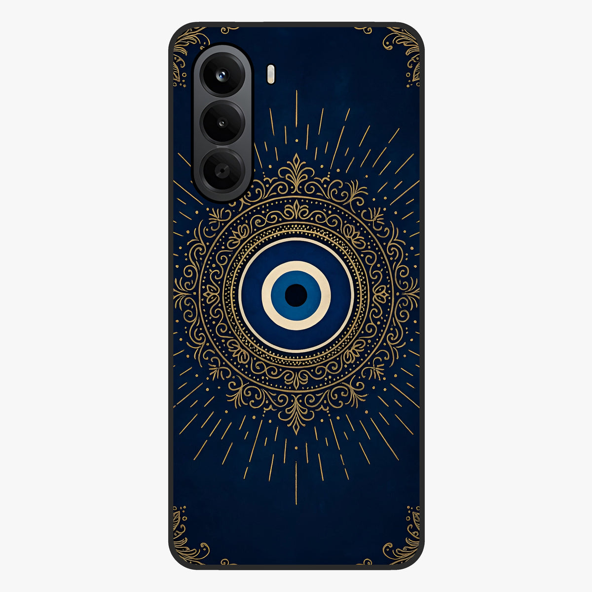 Golden Evil Eye Mandala Glass Case showing flat back view with intricate evil eye mandala artwork and glossy glass finish.