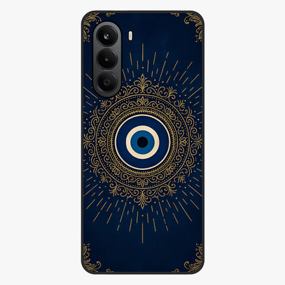 Golden Evil Eye Mandala Glass Case showing flat back view with intricate evil eye mandala artwork and glossy glass finish.