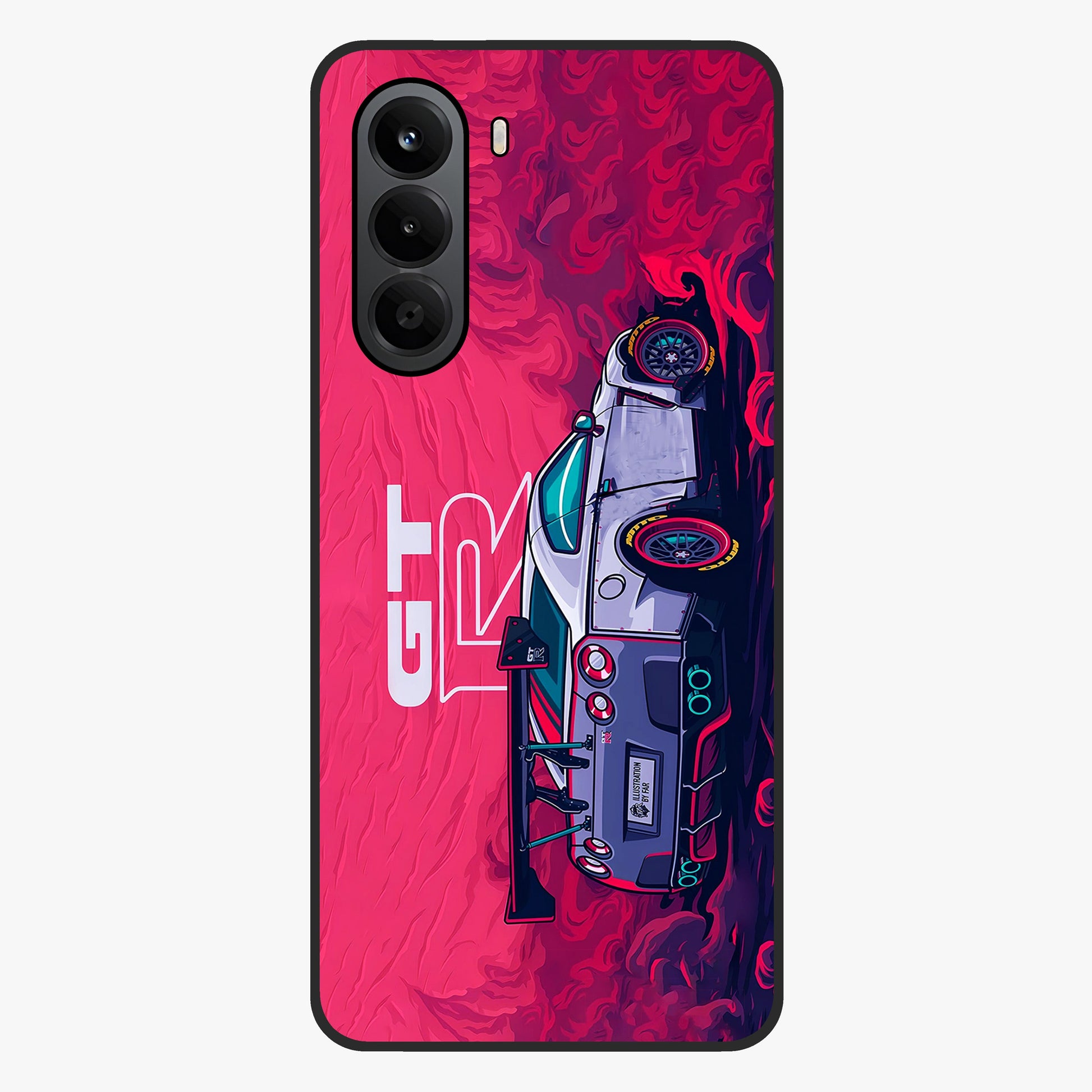 GT-R Car Pattern Glass Case showing flat back view with sporty car inspired pattern artwork and glossy glass finish.