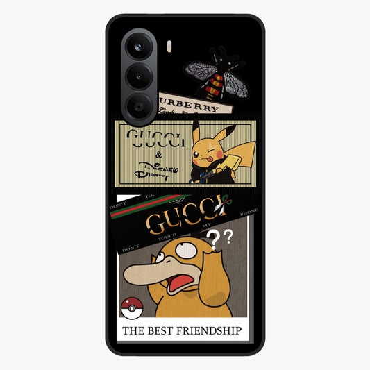 Gucci Play Mashup Glass Case showing flat back view with luxury inspired graphic artwork and glossy glass finish.