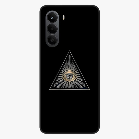 Illuminati Evil Glass Case showing flat back view with mysterious illuminati symbol artwork and glossy glass finish.