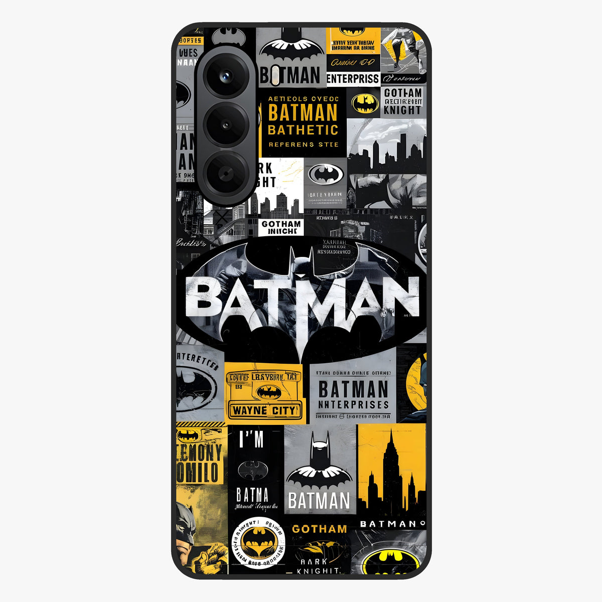 Knight Gotham Rise Glass Case showing flat back view with dark hero inspired artwork and glossy glass finish.