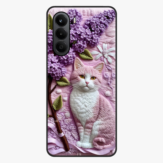 Lavender Cat Whimsy Glass Case showing flat back view with cute lavender cat artwork and glossy glass finish.