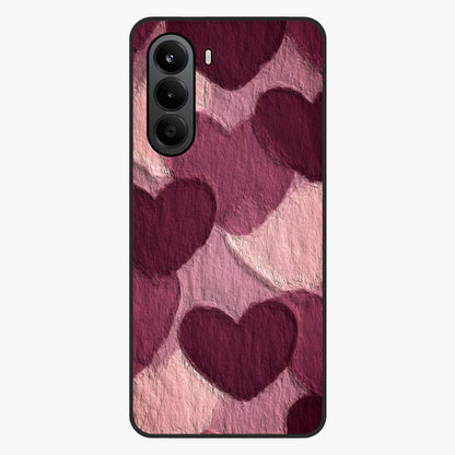 Layered Paper Hearts Glass Case showing flat back view with layered paper heart artwork and glossy glass finish.