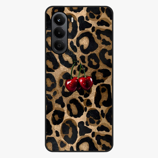 Leopard Wild Cherry Glass Case showing flat back view with leopard pattern and cherry artwork and glossy glass finish.