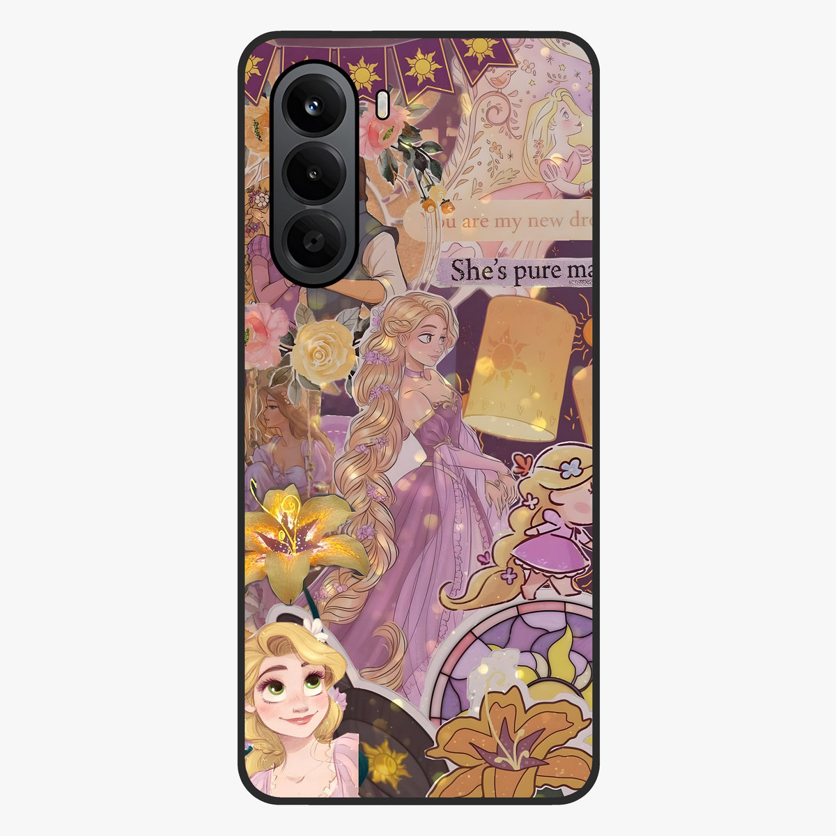 Magical Tangled Dream Glass Case showing flat back view with dreamy tangled artwork and glossy glass finish.