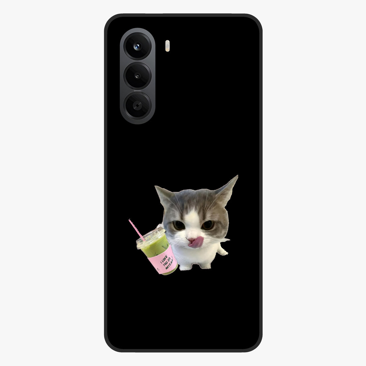 Matcha Cat Style Glass Case showing flat back view with cute matcha themed cat artwork and glossy glass finish.