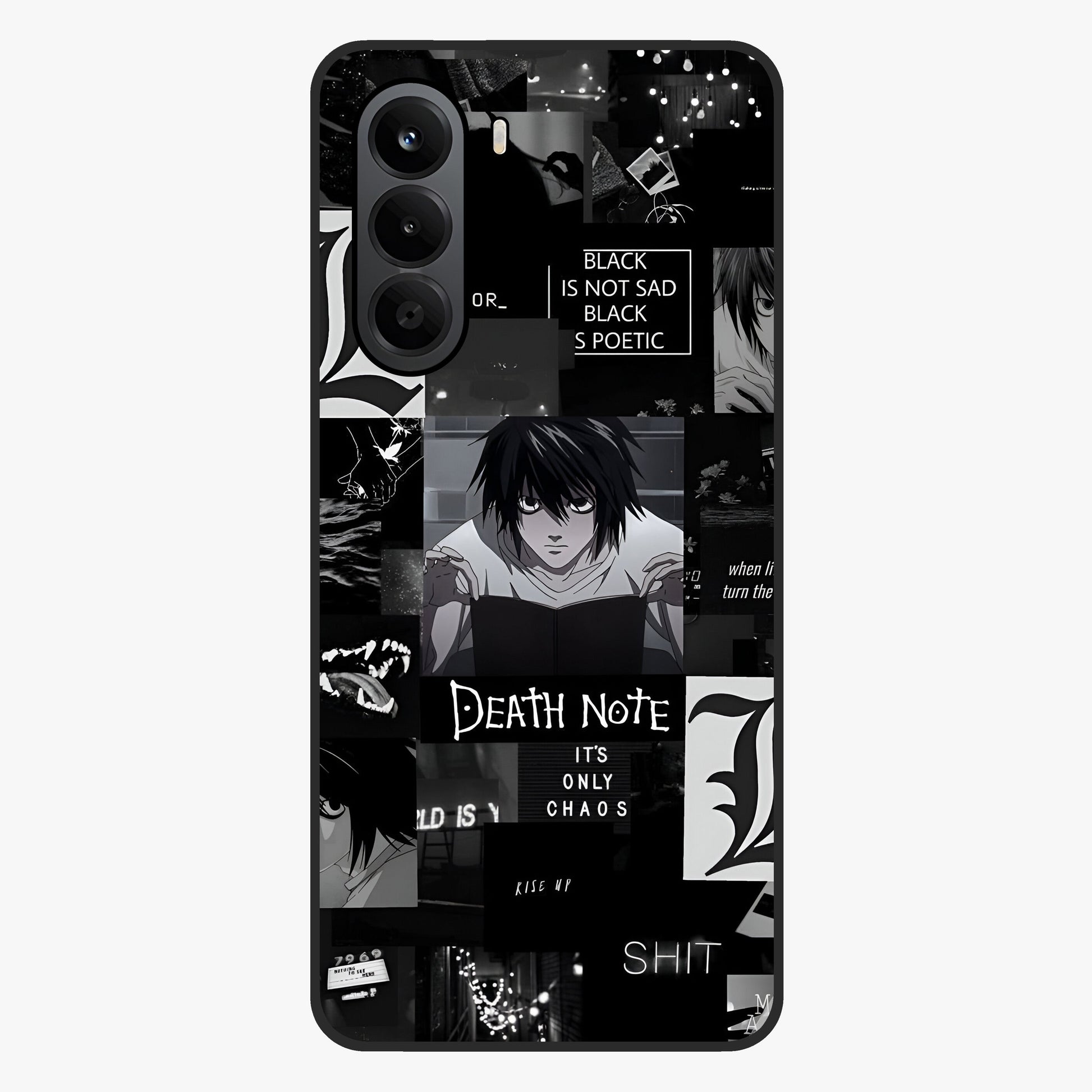 Midnight Chaos Mind Glass Case showing flat back view with abstract dark themed artwork and glossy glass finish.