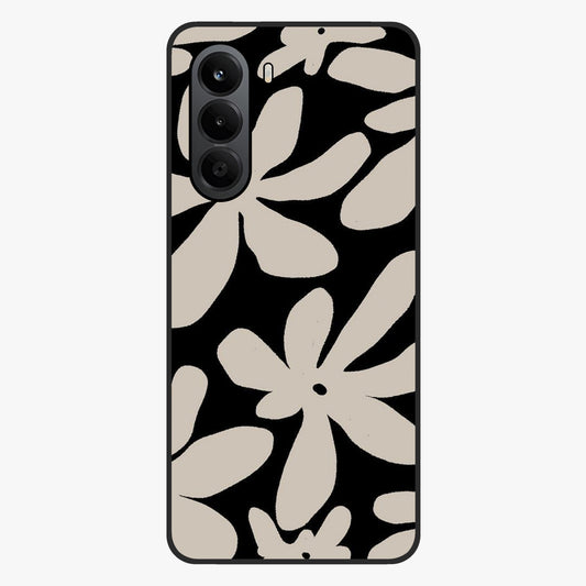 Monochrome Petal Dance Glass Case showing flat back view with monochrome floral artwork and glossy glass finish.