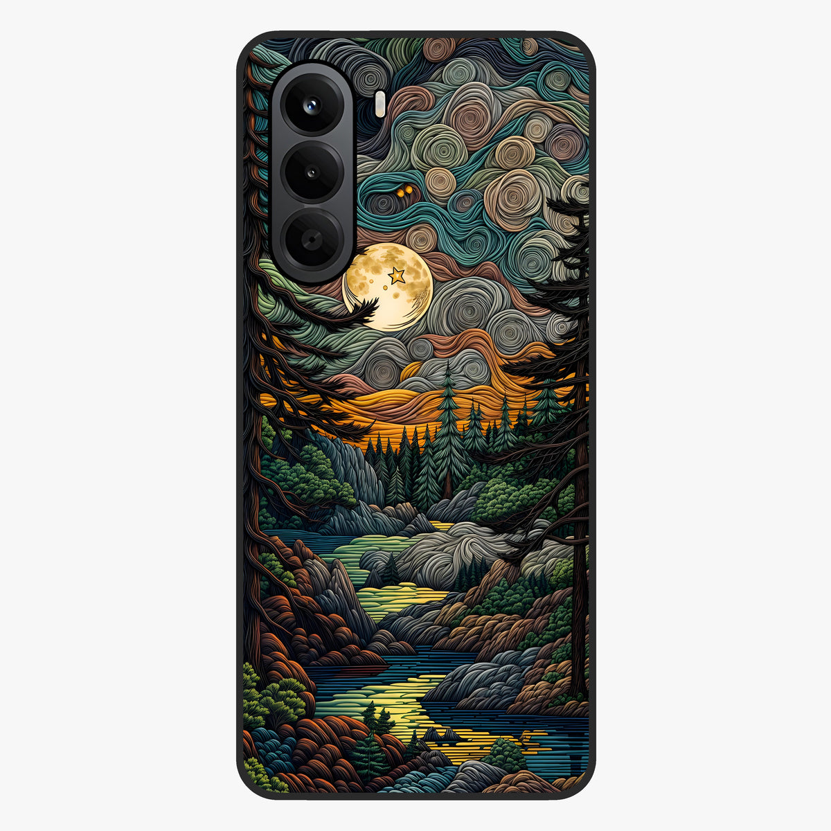 Moonlight Forest Dream Glass Case showing flat back view with mystical forest moonlight artwork and glossy glass finish.