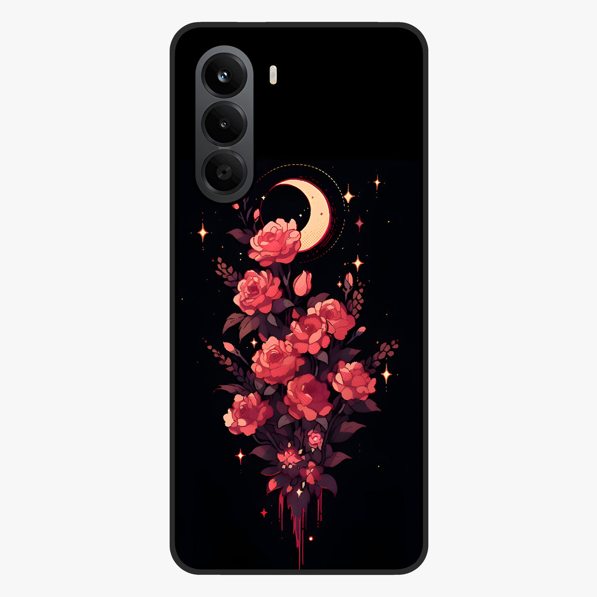 Moonlit Floral Elegance Glass Case showing flat back view with elegant floral artwork under moonlit tones and glossy glass finish.