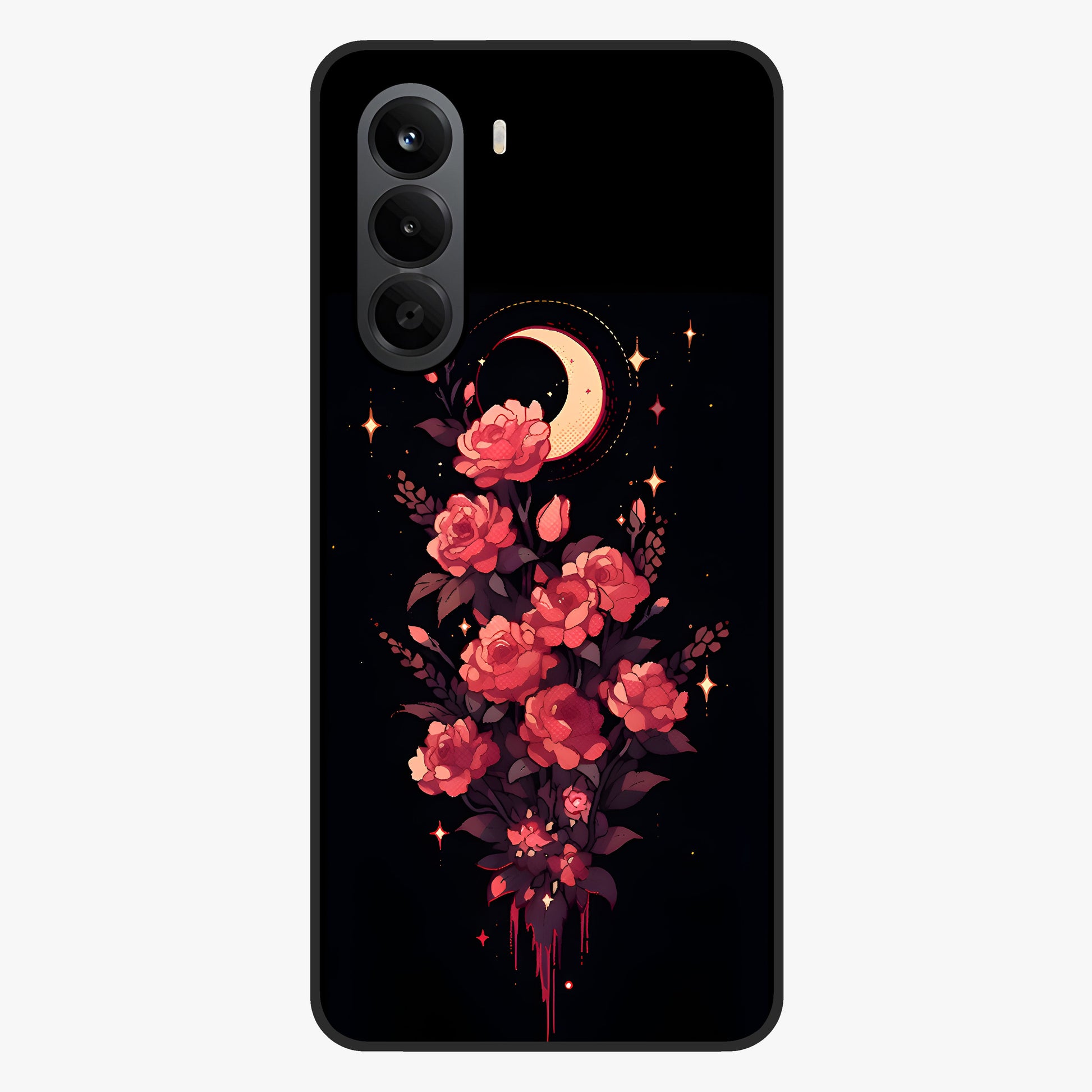 Moonlit Floral Elegance Glass Case showing flat back view with elegant floral artwork under moonlit tones and glossy glass finish.