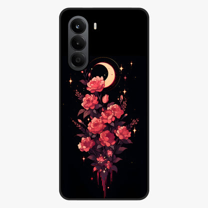 Moonlit Floral Elegance Glass Case showing flat back view with elegant floral artwork under moonlit tones and glossy glass finish.