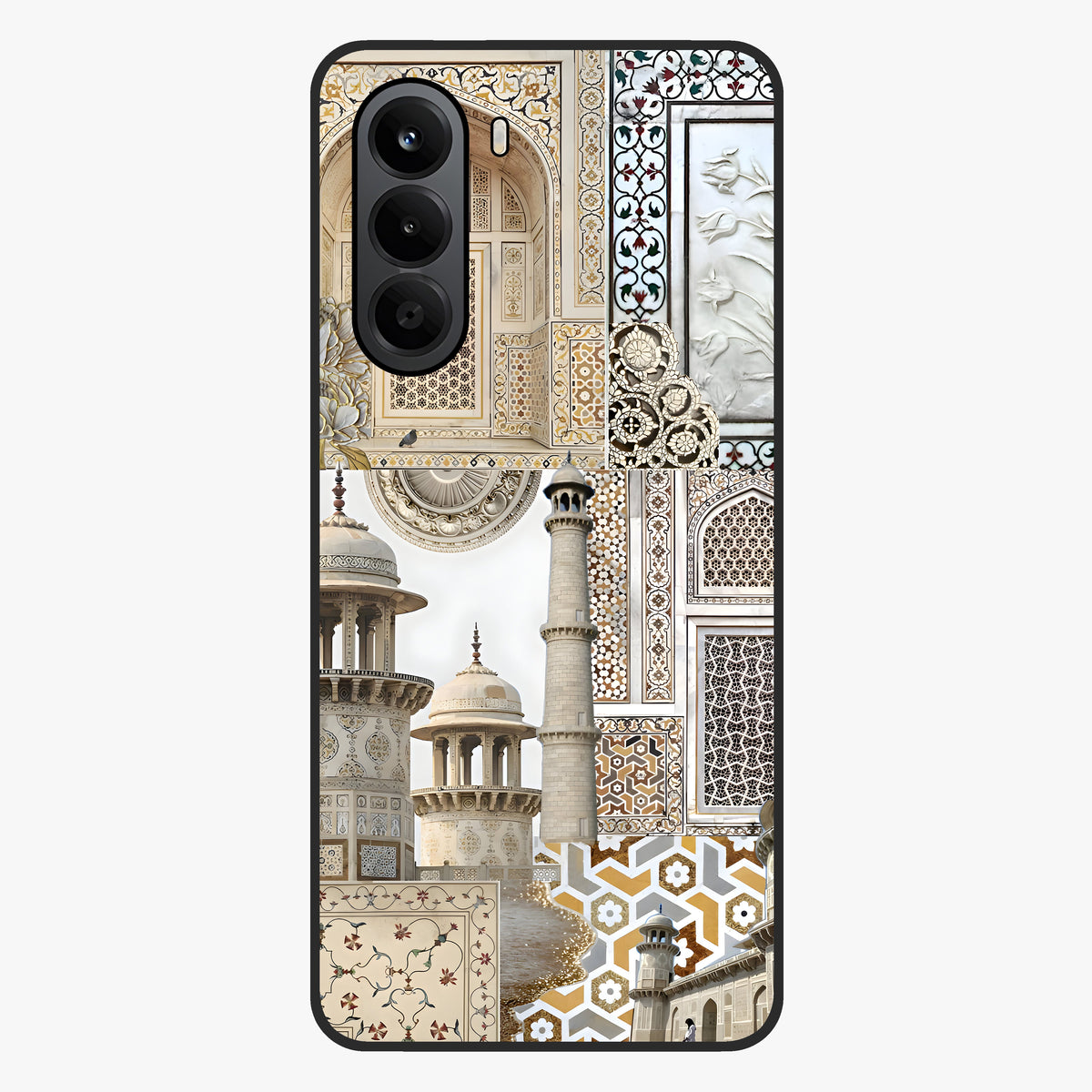 Mughal Marble Legacy Glass Case showing flat back view with intricate Mughal inspired marble pattern and glossy glass finish.