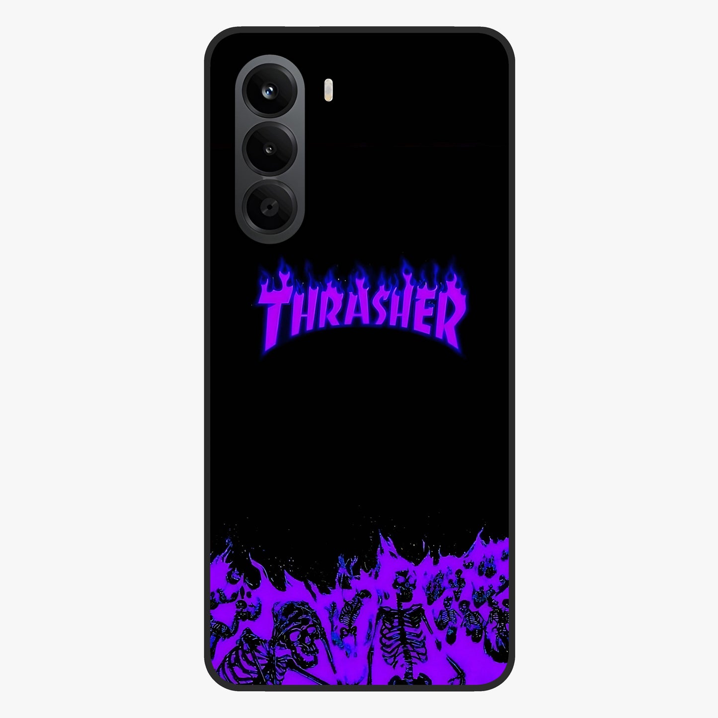 Neon Flame Riot Glass Case showing flat back view with neon flame artwork and glossy glass finish.