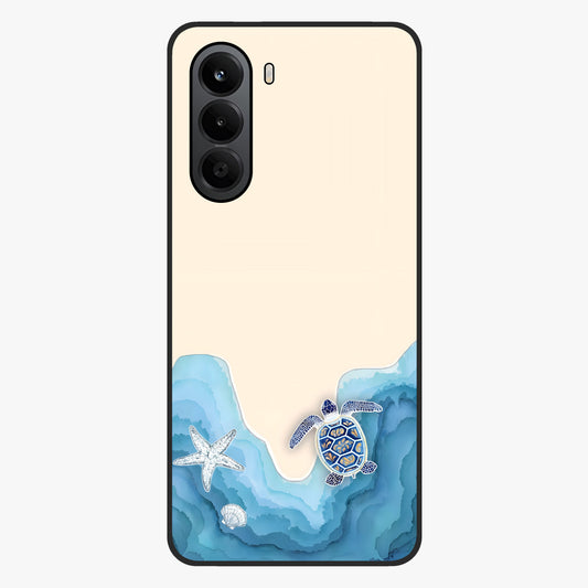 Ocean Drift Turtle Glass Case showing flat back view with sea turtle artwork and glossy glass finish.