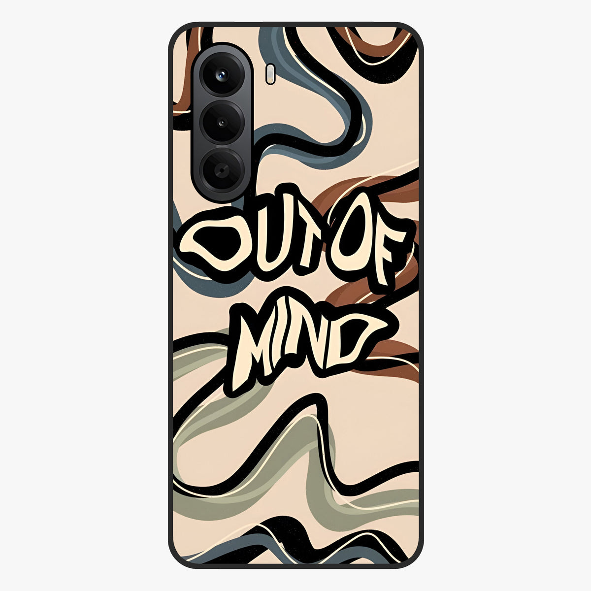 Out Of Mind Glass Case showing flat back view with expressive typography artwork and glossy glass finish.