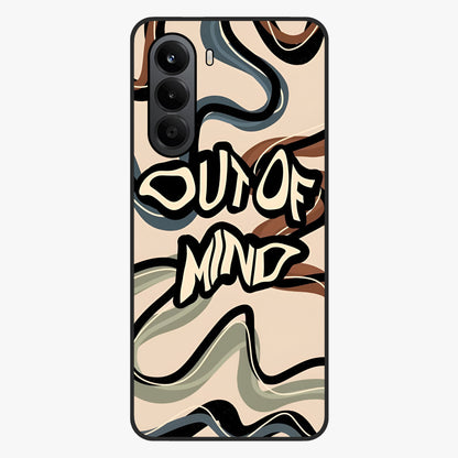 Out Of Mind Glass Case showing flat back view with expressive typography artwork and glossy glass finish.