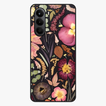 Petal Dream Tapestry Glass Case showing flat back view with intricate floral tapestry artwork and glossy glass finish.
