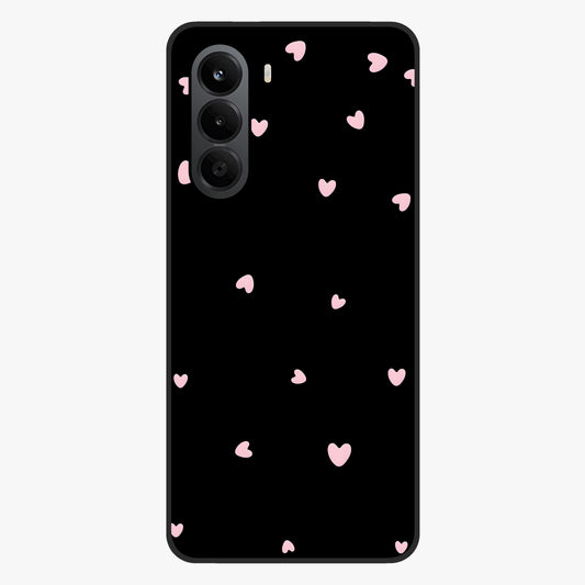 Pink Love Drops Glass Case showing flat back view with playful pink heart drops artwork and glossy glass finish.