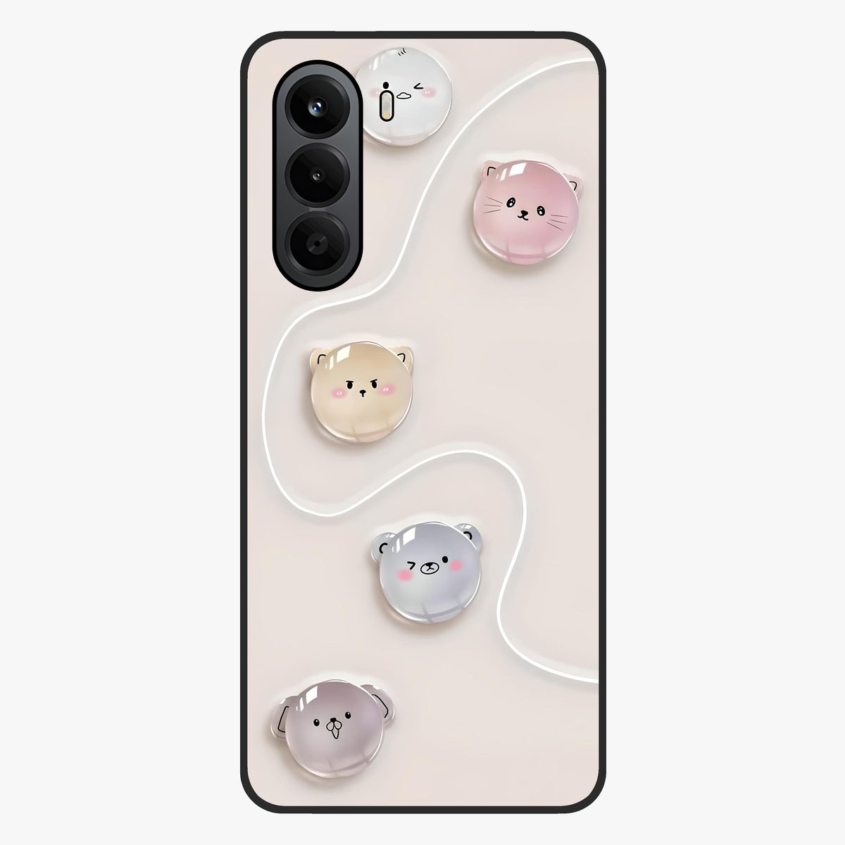 Puffy Face Parade Glass Case showing flat back view with cute puffy character faces artwork and glossy glass finish.