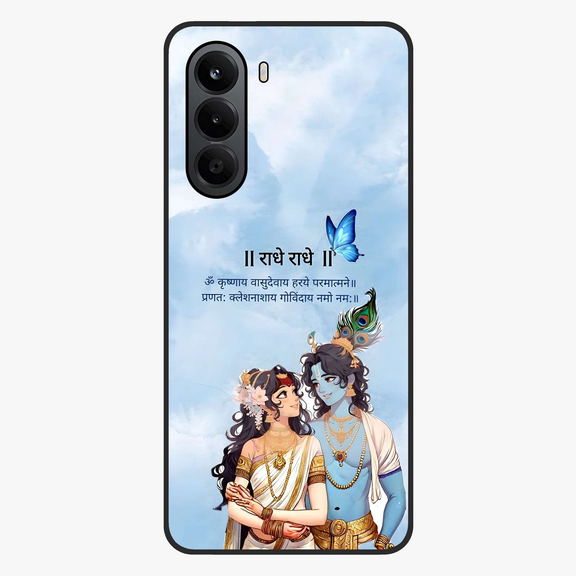 Radha Krishna Eternal Glass Case showing flat back view with Radha Krishna devotional artwork and glossy glass finish.