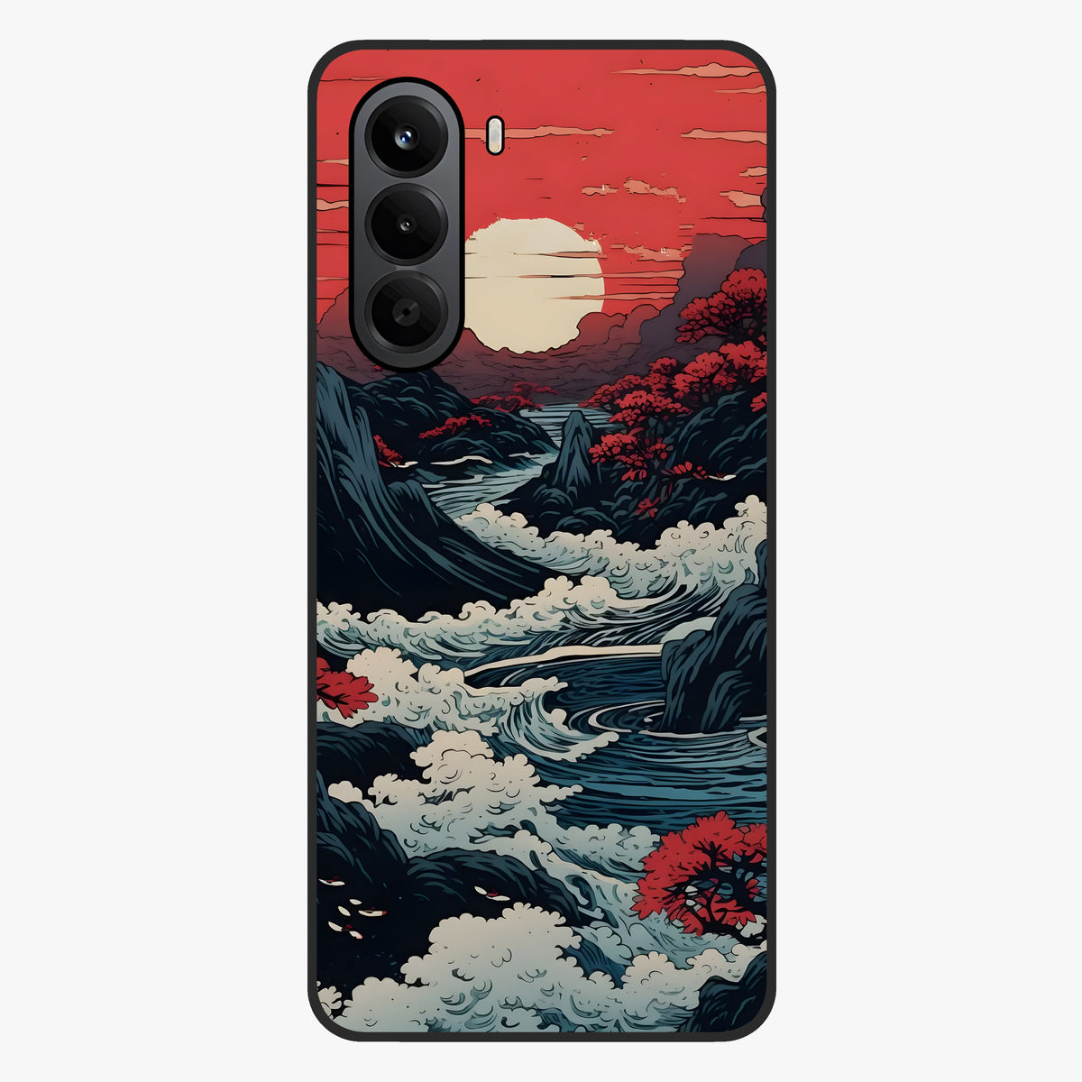 Red Sunset Scenery Glass Case showing flat back view with vibrant sunset landscape artwork and glossy glass finish.